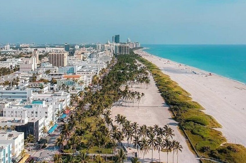 Un paysage urbain côtier avec une plage, des palmiers et de hauts immeubles. 2