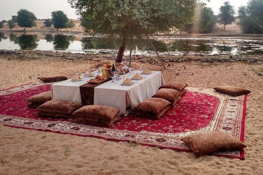 Ein Picknick mit Tisch, Kissen auf einer roten Decke, einem Baum und einem Gewässer im Hintergrund. 4