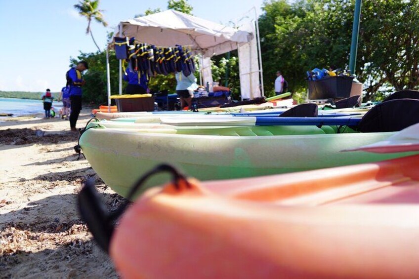 A beach with kayaks and a tent. 2