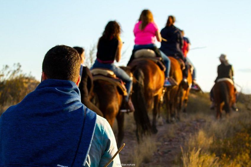 A group of people riding horses on a trail. 2