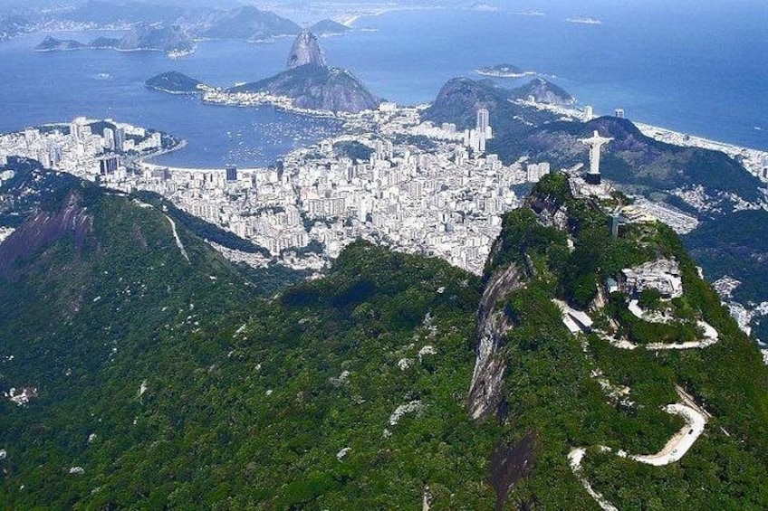 View of Corcovado mountain and Christ ststue from inside the helicopter 3