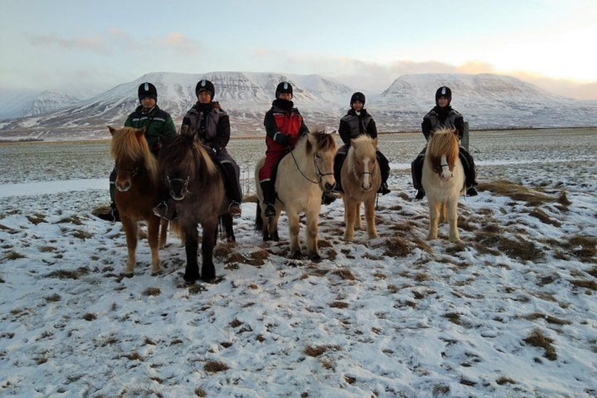 A group of people on horseback in a snowy landscape with mountains in the background. 4