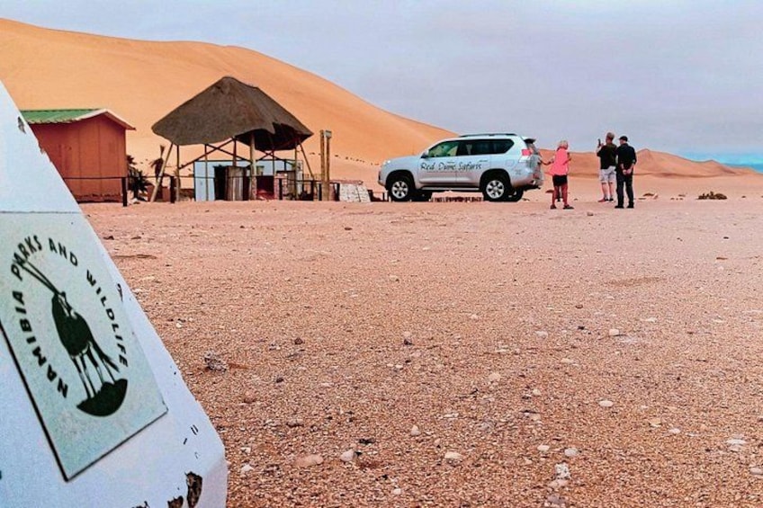 Paesaggio desertico con dune sabbiose, un veicolo safari e una piccola costruzione. 3
