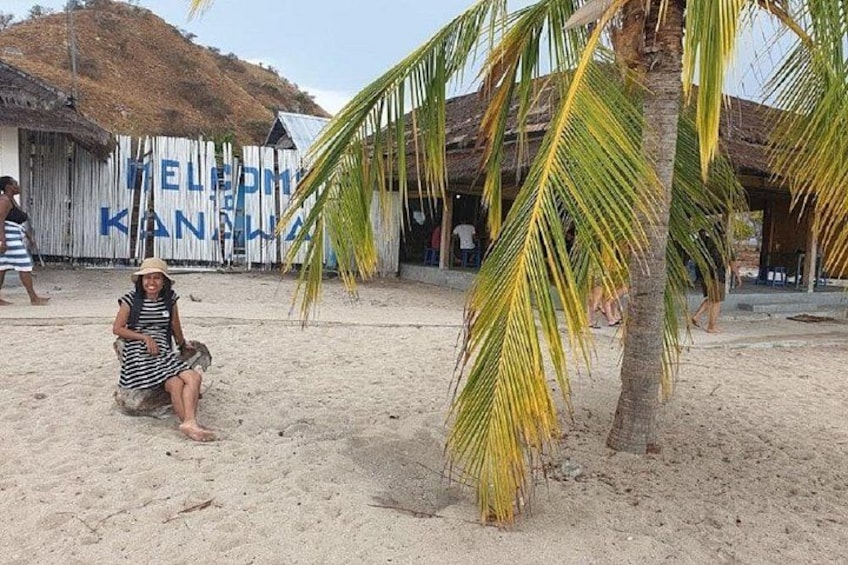Escena de playa con una persona sentada en la arena, palmeras y un edificio con señalización azul. 2