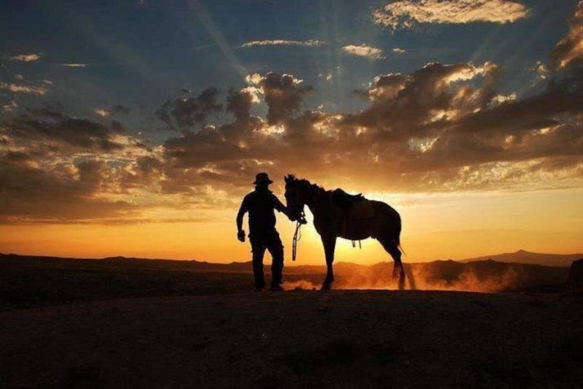 A person with a horse in a desert landscape at sunset. 5