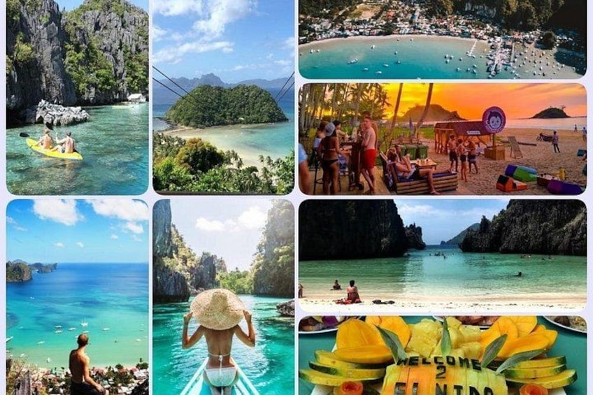 A collage of tropical beach scenes with clear waters, rocky cliffs, and people engaging in water activities. 2