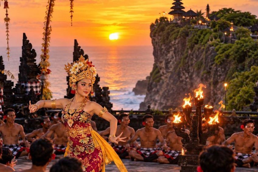 A traditional Balinese dance performance with a sunset in the background. 1