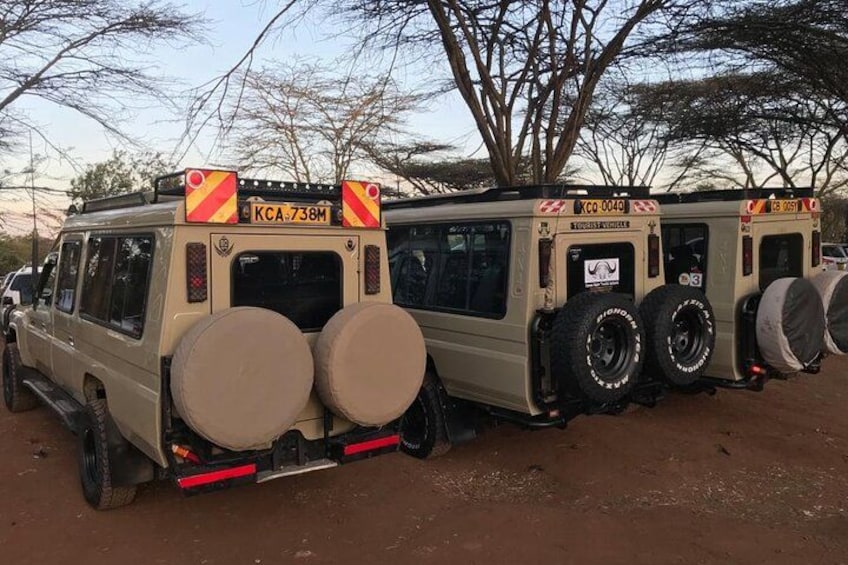 A row of off-road vehicles with spare tires and emergency lights. 3