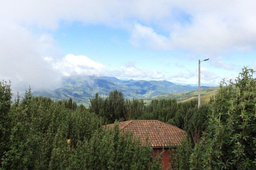 A house with a red roof surrounded by dense green foliage, with mountains and a cloudy sky in the background. 2