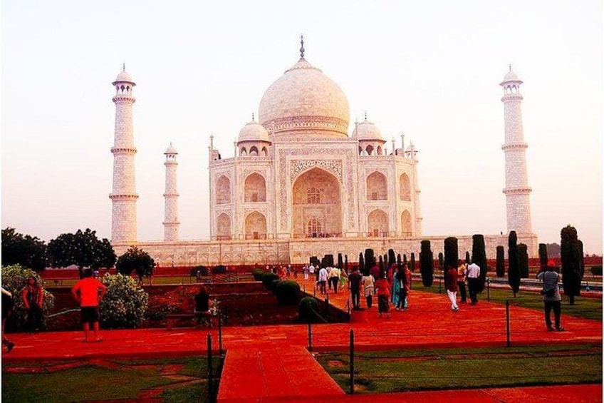 Taj Mahal med fire minareter, en stor central kuppel og en rød sti, der fører til indgangen. 1
