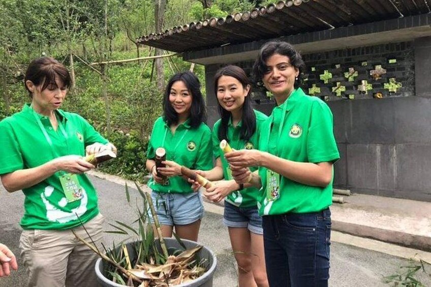 Cuatro personas con camisetas verdes sostienen plantas cerca de una estructura tradicional. 1