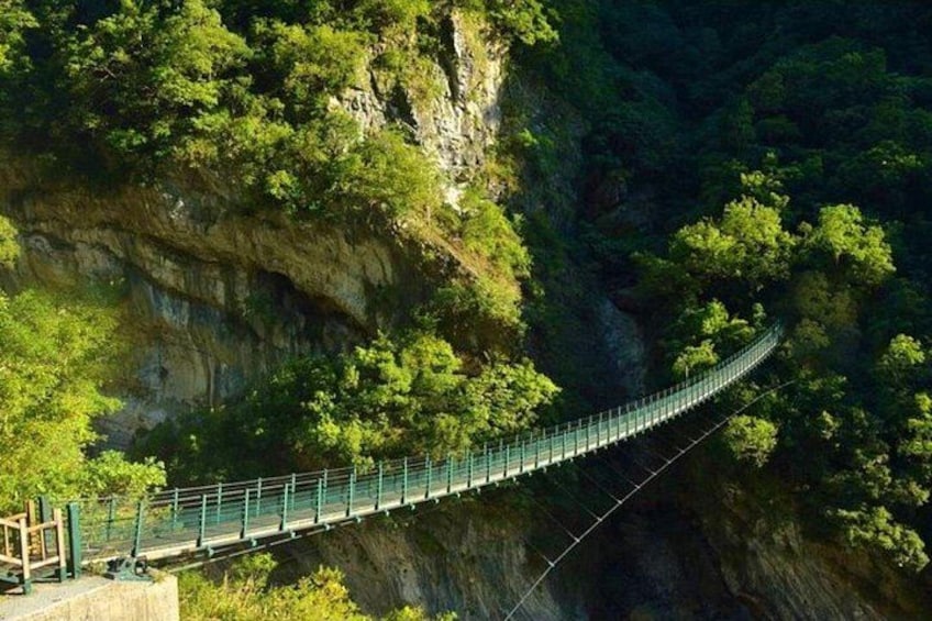 A suspension bridge in a forested gorge. 5