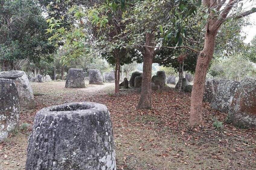 A cemetery with stone headstones and trees. 1