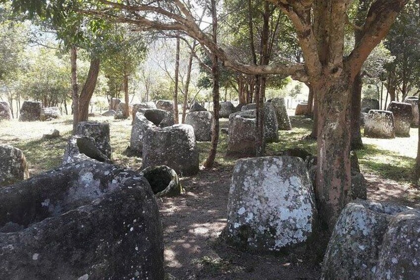 A cemetery with large stone headstones and trees. 5