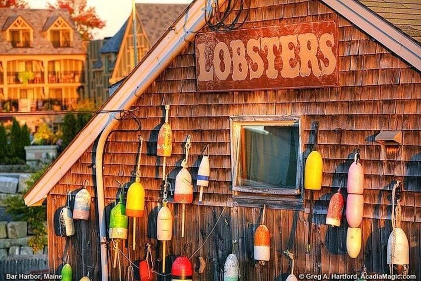Un edificio de madera con un letrero que dice 'LOBSTERS' y varios boyas de colores colgando del exterior. 5