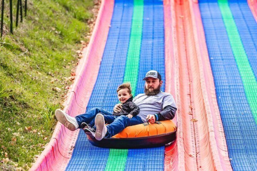 A person and a child on a colorful slide with a grassy area beside it. 4