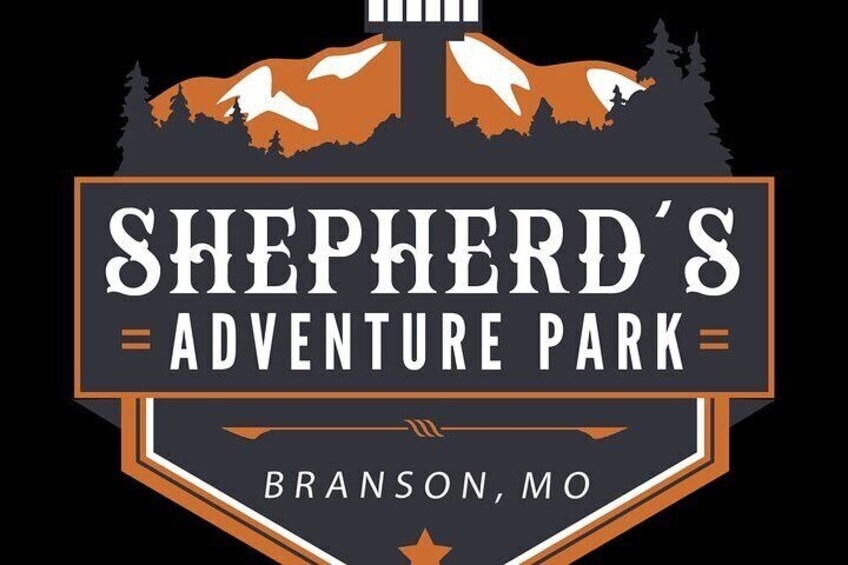A logo for Shepherd's Adventure Park in Branson, MO, featuring a stylized mountain range and wildlife silhouettes. 1