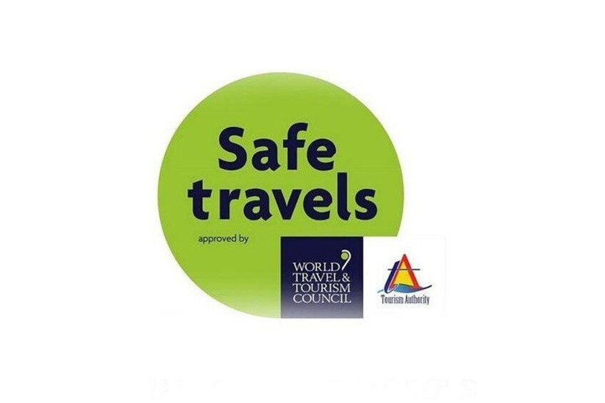 A green circle with the text 'Safe travels' and logos of the World Travel & Tourism Council and Tourism Authority. 2