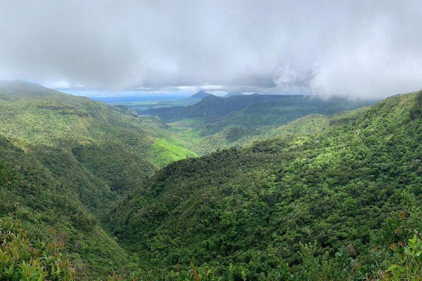 A lush green valley with dense vegetation and a cloudy sky. 4