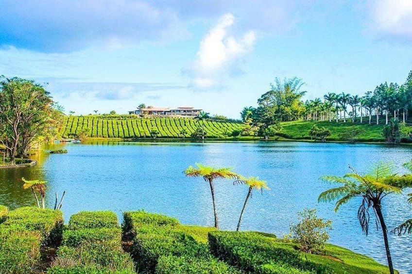 Un lac entouré d’une végétation luxuriante, un bâtiment visible au loin et un ciel dégagé. 2