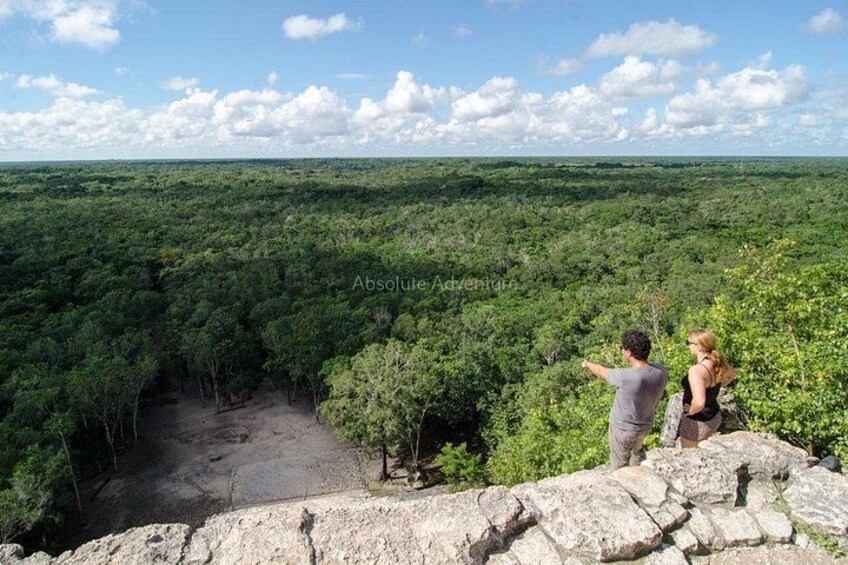 A couple overlooking a dense forest from a stone viewing platform. 2