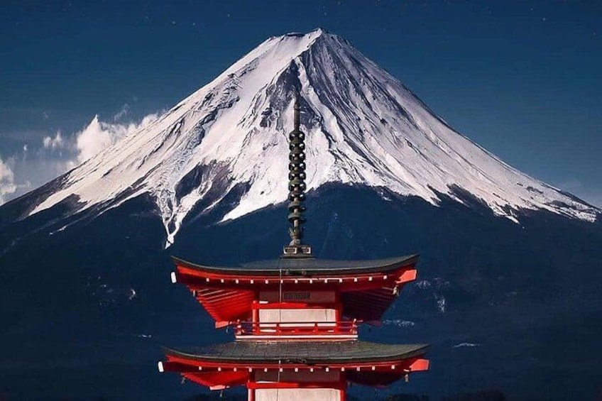 A snow-capped mountain with a traditional Japanese pagoda in the foreground. 3