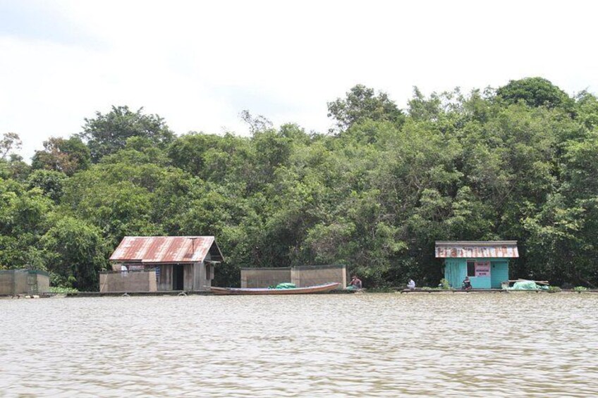 A river with two small buildings, one with a rusted roof and another with a colorful facade, surrounded by dense green foliage. 5