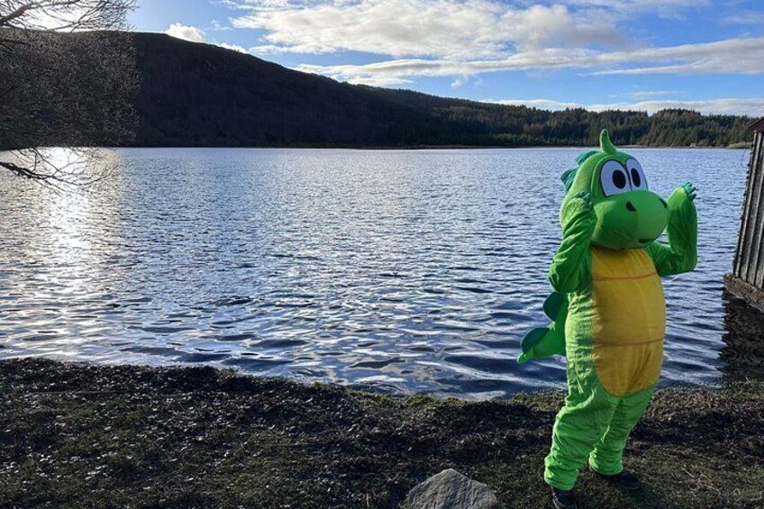 En person utklädd till en grön dinosaurie står vid en sjö, med en skogbeklädd kulle i bakgrunden. 5