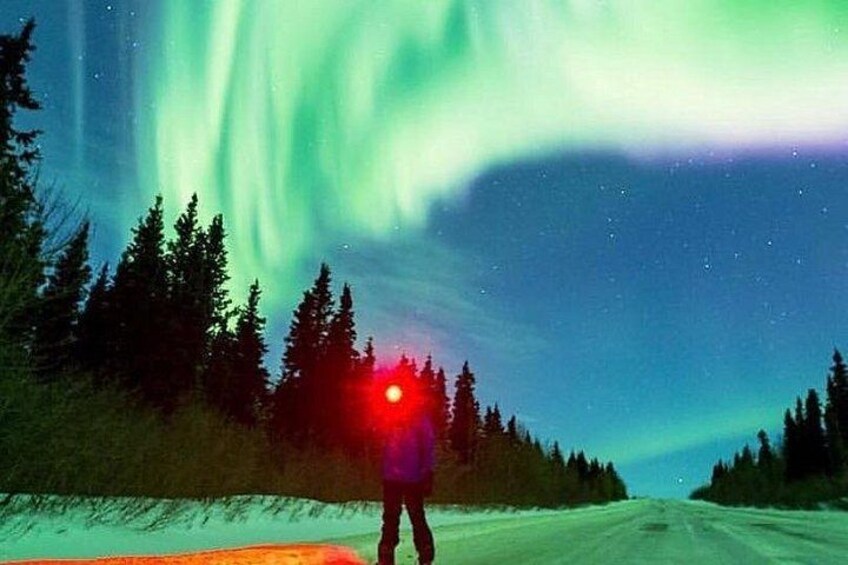 A person standing on a road with a red light in the distance, surrounded by trees and a night sky with the aurora borealis. 4
