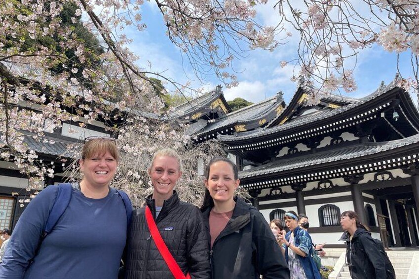 Eine Gruppe von Personen vor traditioneller japanischer Architektur mit Kirschblüten. 5