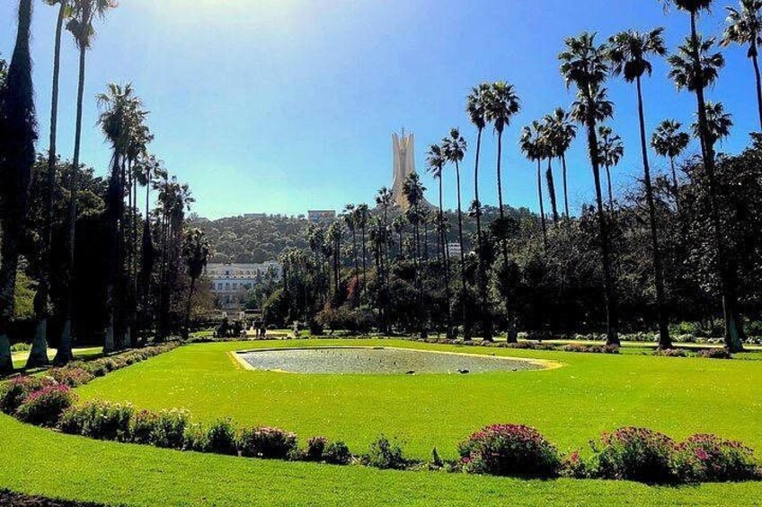 A park with a circular flower bed, palm trees, and a distant tower. 5