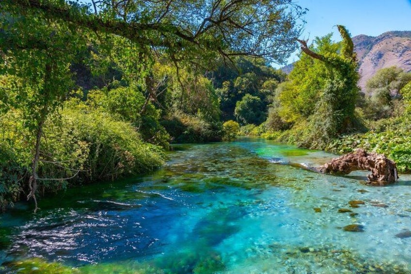 Un río cristalino rodeado de vegetación exuberante y un afloramiento rocoso. 1