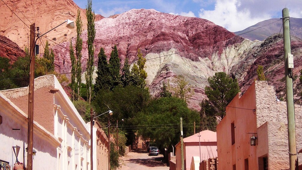 Town of Quebrada de Humahuaca with the colorful hills in the background