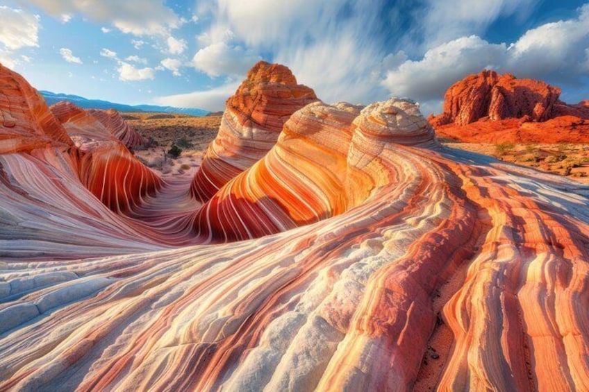 A colorful rock formation with striations and a clear sky. 1