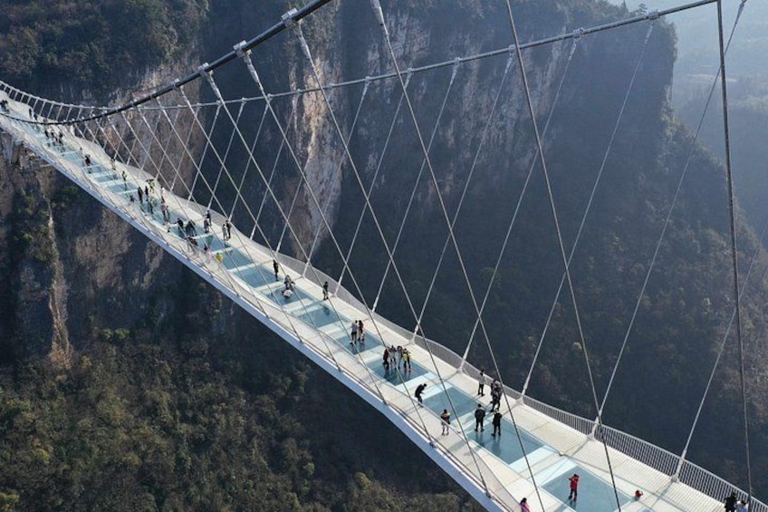 A glass-bottomed suspension bridge over a deep canyon with people walking on it. 4
