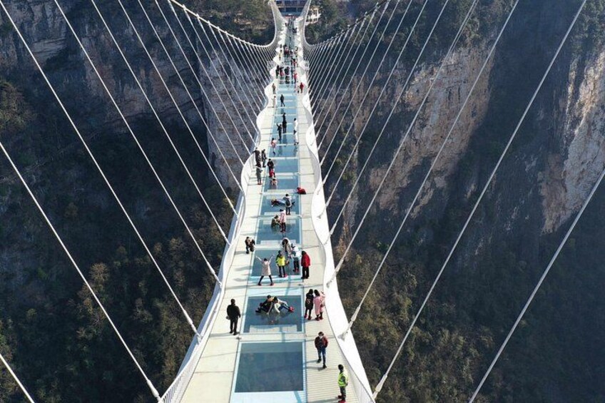 A suspension bridge with people walking on it. 5