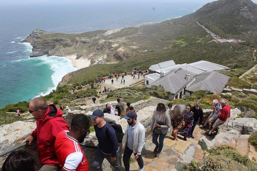 Un gruppo di persone che cammina su un sentiero roccioso con vista sulla costa. 5