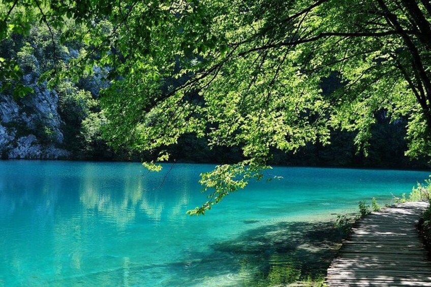 A clear turquoise lake, a wooden pathway, and dense green foliage. 3