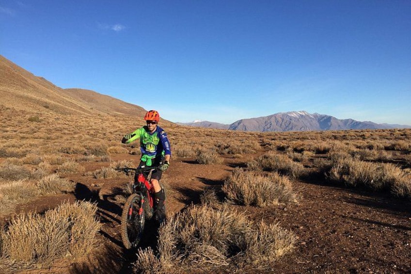 En person cykler på en mountainbike på en støvet sti i et ørkenlandskab med bjerge i baggrunden. 3