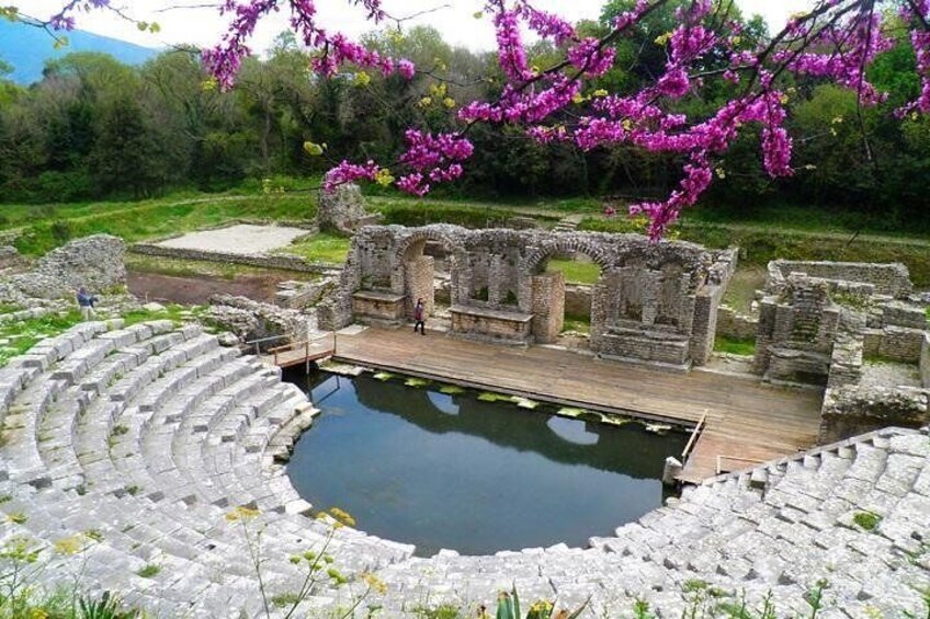 An ancient amphitheater with a central pool, surrounded by stone ruins and blooming pink flowers. 1