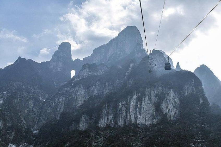 A mountain range with a cable car system. 1