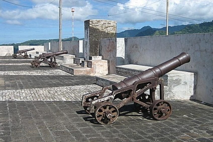 A cannon on a cobblestone surface with a mountainous landscape in the background. 4