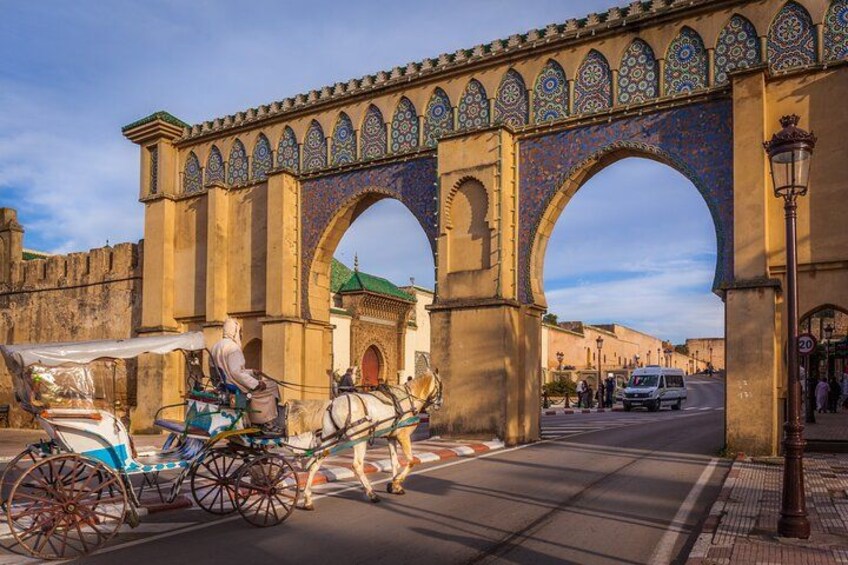 A historic archway with intricate tile work, a horse-drawn carriage, and a street with pedestrians and vehicles. 5