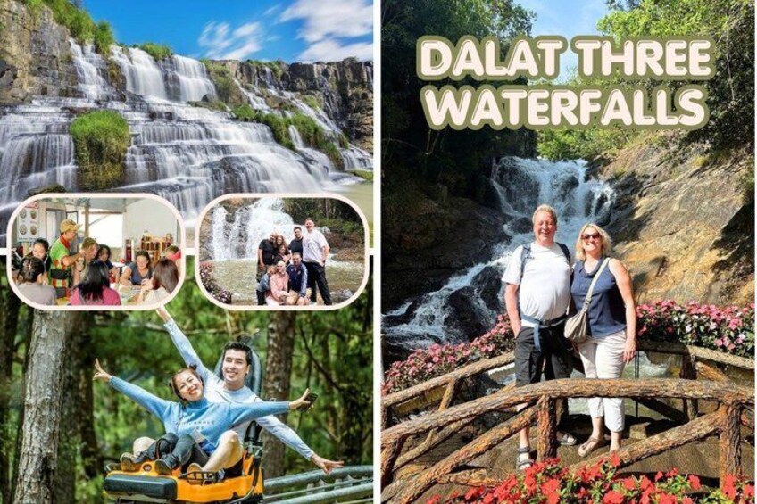 A waterfall, a wooden bridge, and a zipline. 1