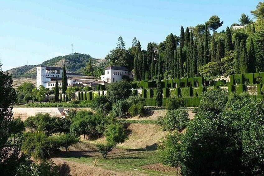 A landscape with buildings, trees, and a hilly background. 3