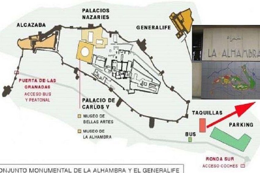 Eine Karte einer historischen Stätte mit Sehenswürdigkeiten wie Palacio de Carlos V, Museo de Bellas Artes und Palacio Nairies. 3