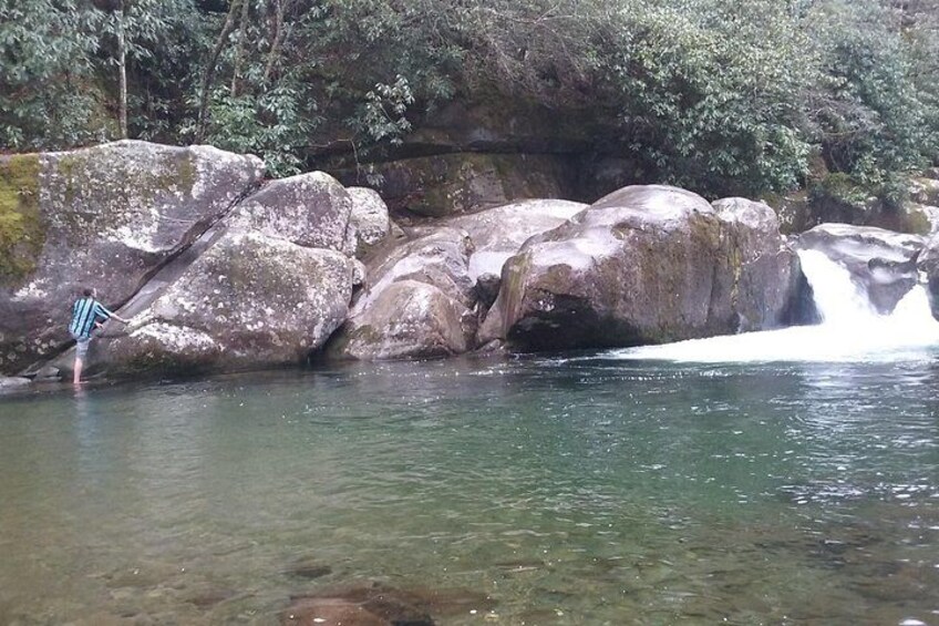 A waterfall cascading over large rocks in a forested area. 3