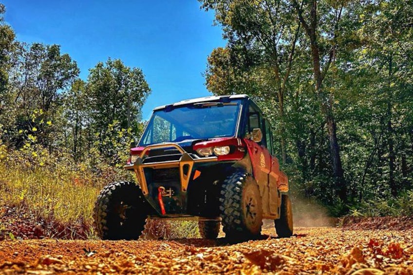 A red off-road vehicle on a dirt path surrounded by trees. 4