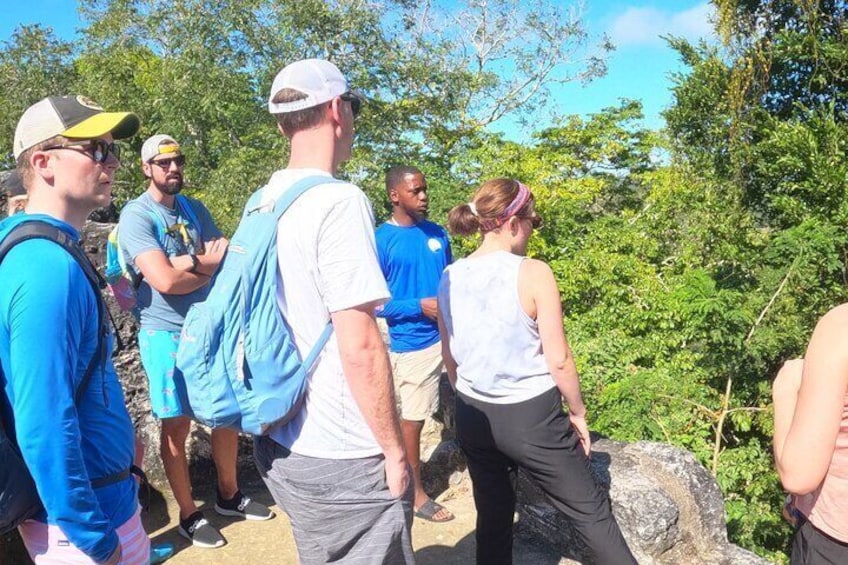 A group of people standing on a rocky outcrop, surrounded by greenery. 4