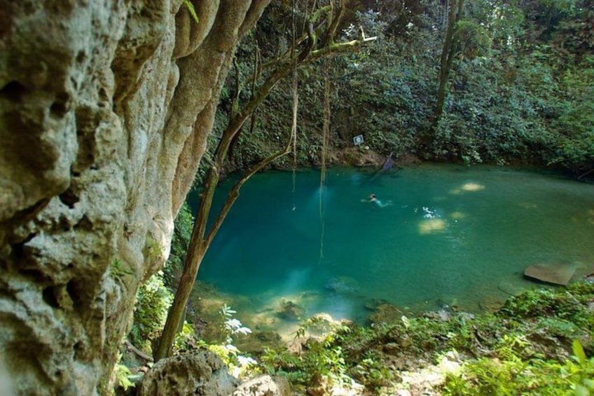 A natural pool surrounded by trees and rocky terrain. 1